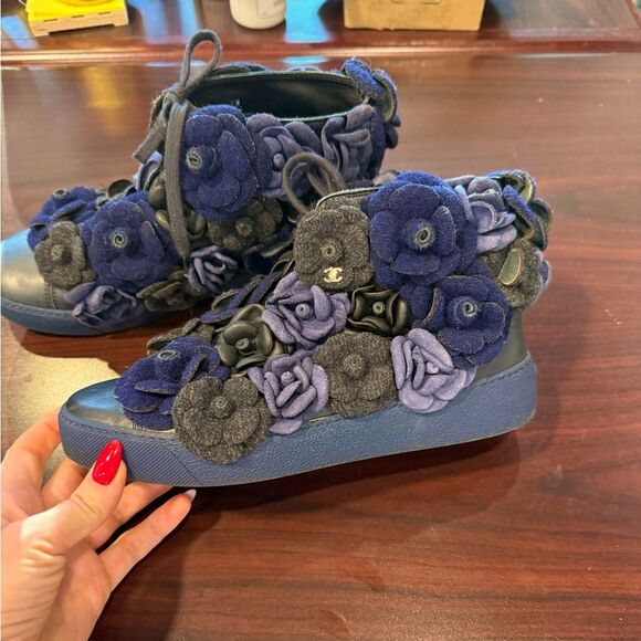 CHANEL Shoes - Chanel Camellia Navy Leather Sneakers with Blue, Black and Grey Flowers Sz 36